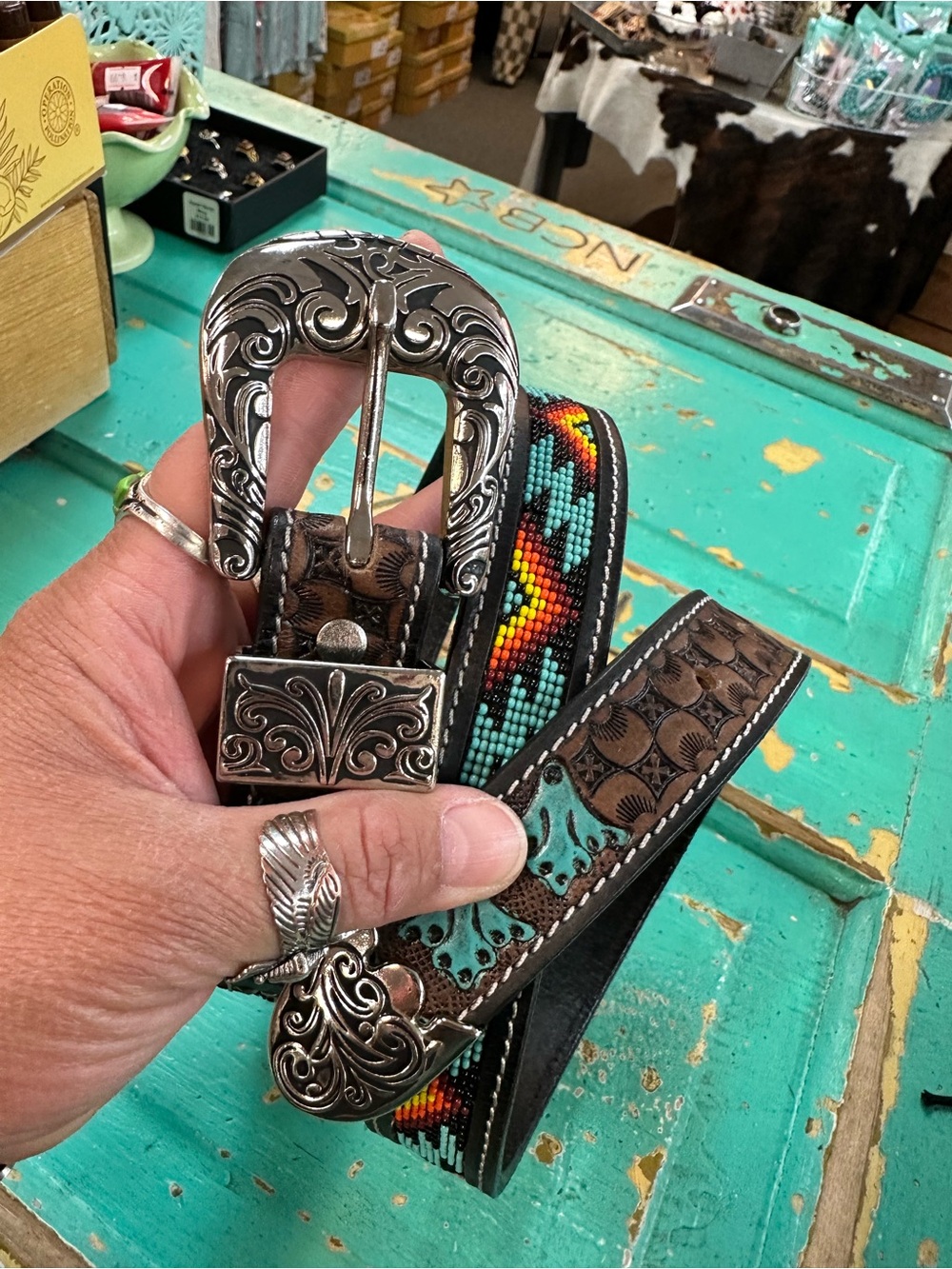 Turquoise & Brown Beaded Tooled Leather Western Belt with Ornate Silver Buckle